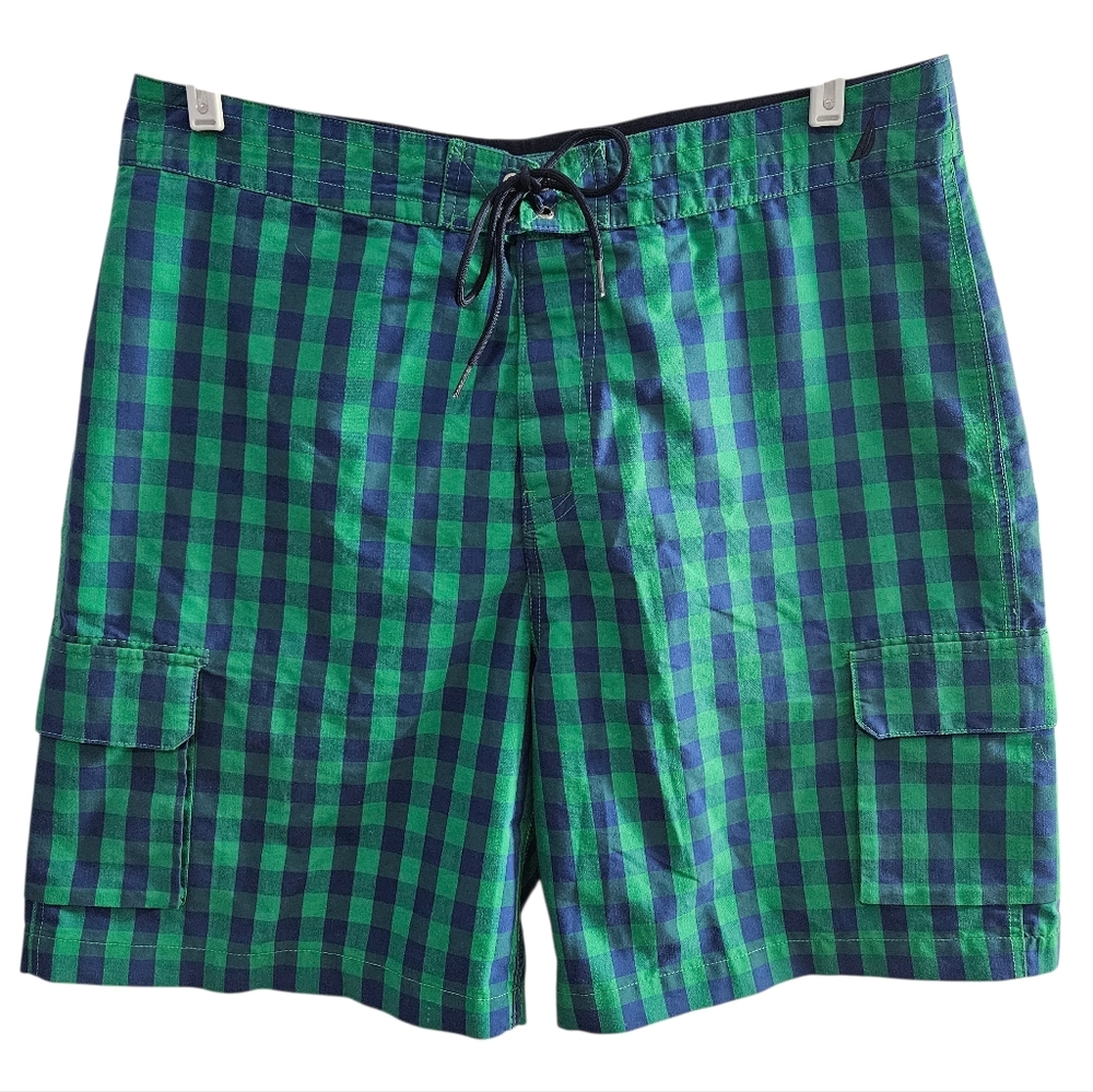 Nautica Swim Trunks Men Green Checkered Cargo Shorts Drawstring